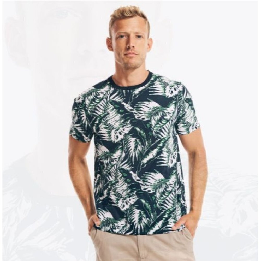 Nautica Cotton Leaf Print T-Shirt Novelty Shortsleeve Tee Crewneck XL Mens Green